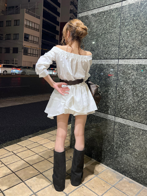 Belted Frill Off Shoulder Tunic／Brown･Whiteは9/21迄発送