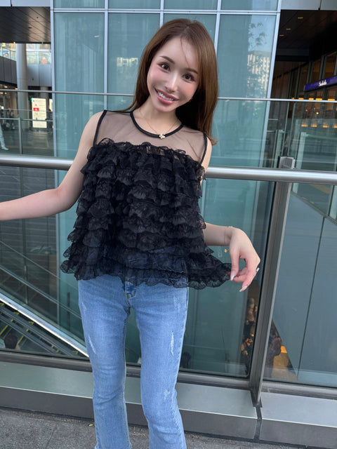 Fluffy tiered lace tops／Black(送料無料)