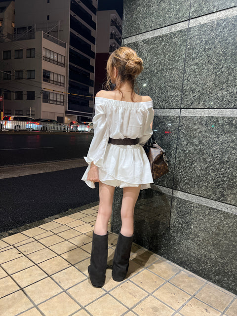 Belted Frill Off Shoulder Tunic／Brown･Whiteは9/21迄発送
