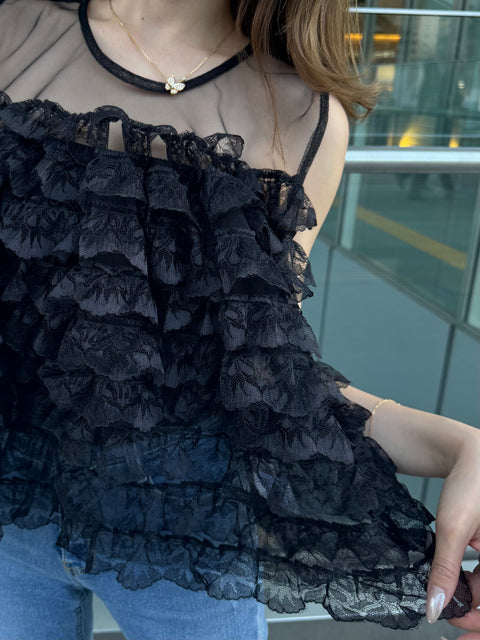 Fluffy tiered lace tops／Black(送料無料)