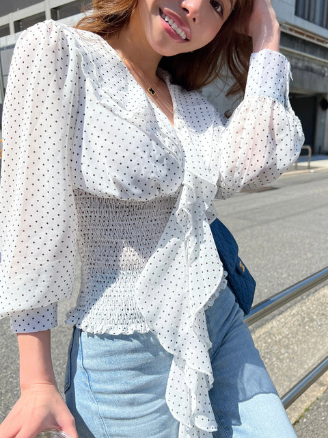 Frill Ribbon Dot Blouse／White 送料無料(4月22日発送予定)