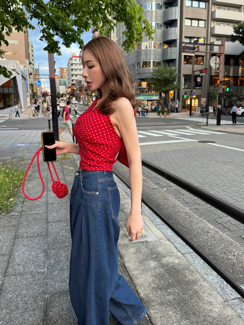 Back Ribbon Dot Halter Top