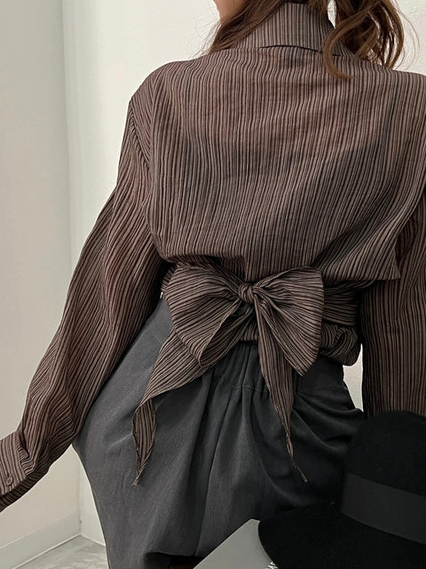 Back Ribbon Sheer Stripe Blouse/brown