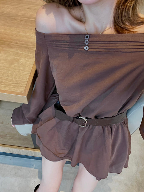 Belted Frill Off Shoulder Tunic／Brown･Whiteは9/21迄発送