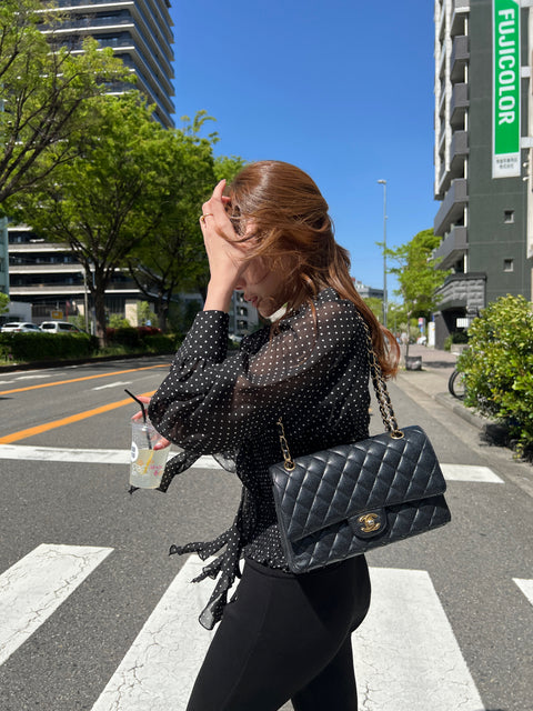 Frill Ribbon Dot Blouse／Black 送料無料(4月22日発送予定)