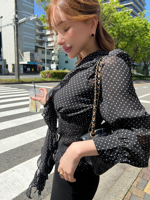 Frill Ribbon Dot Blouse／Black 送料無料(4月22日発送予定)