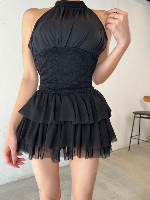 Lace Tiered Halter Mini Dress