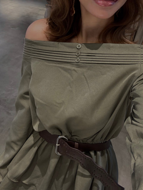 Belted Frill Off Shoulder Tunic／Brown･Whiteは9/21迄発送
