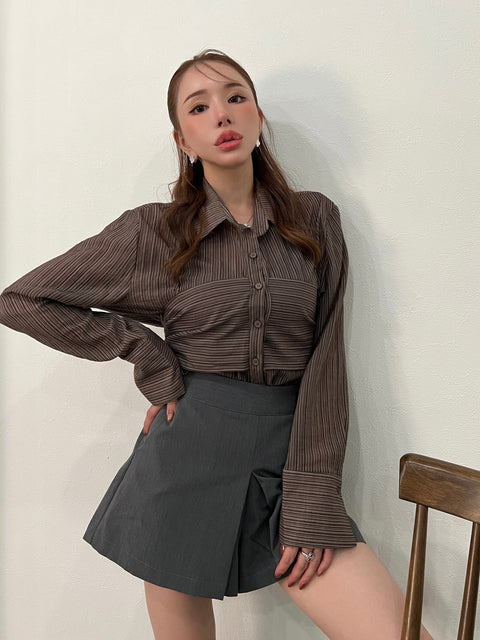 Back Ribbon Sheer Stripe Blouse/brown