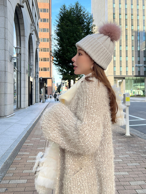 Fur Pom Knit Beanie／Brown・Off-White再入荷受付け