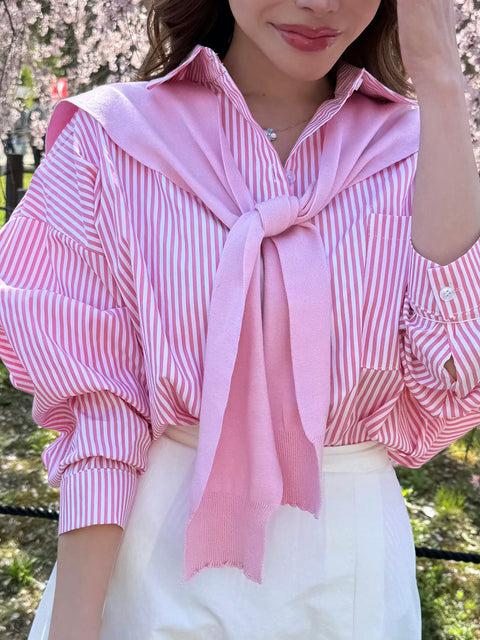 オーバーストライプシャツ(ショールset)/pink