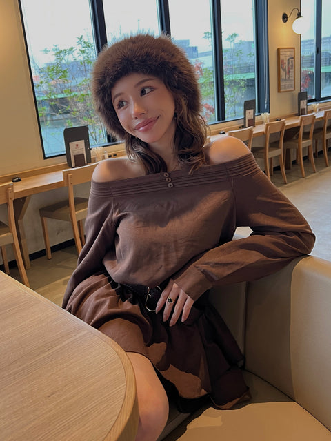 Belted Frill Off Shoulder Tunic／Brown･Whiteは9/21迄発送
