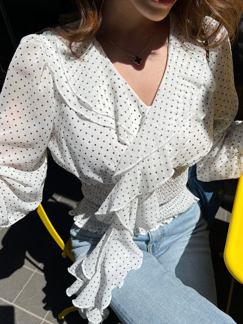 Frill Ribbon Dot Blouse／White 送料無料(4月22日発送予定)