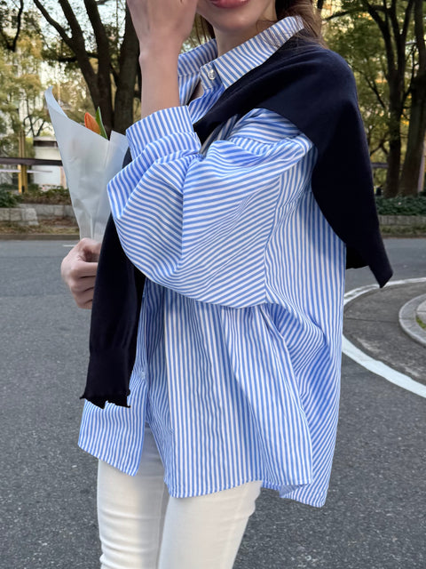オーバーストライプシャツ(ショールset)/blue(再販売)