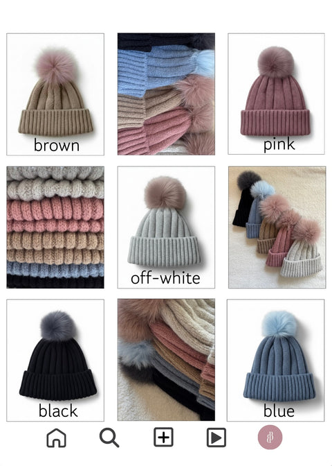 Fur Pom Knit Beanie／Brown・Off-White再入荷受付け