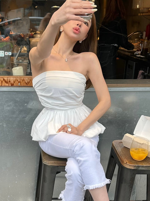 peplum tube tops(White)即納可