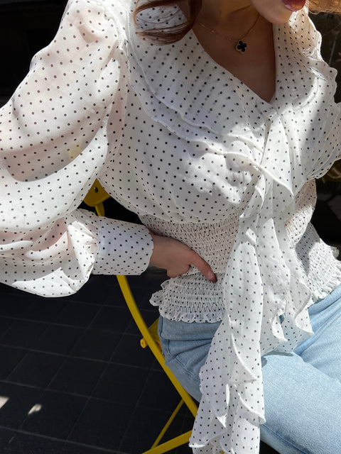 Frill Ribbon Dot Blouse／White 送料無料(4月22日発送予定)