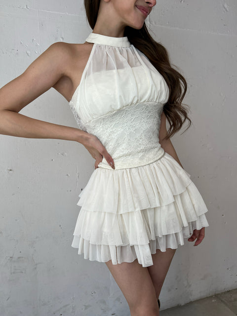 Lace Tiered Halter Mini Dress