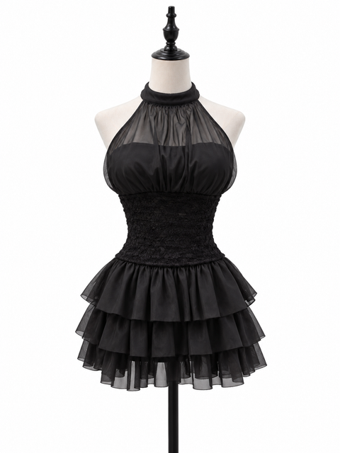 Lace Tiered Halter Mini Dress