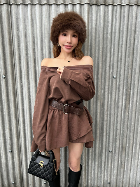 Belted Frill Off Shoulder Tunic／Brown･Whiteは9/21迄発送