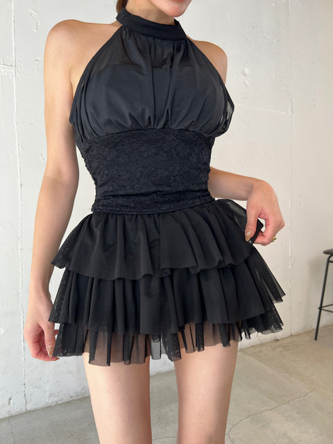 Lace Tiered Halter Mini Dress