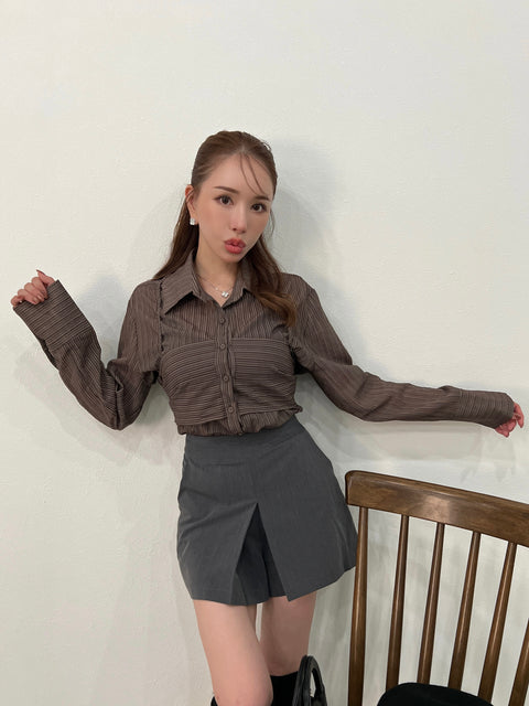 Back Ribbon Sheer Stripe Blouse/brown