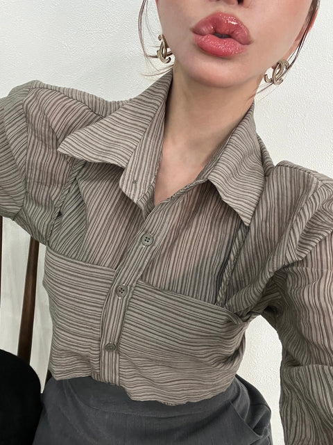 Back Ribbon Sheer Stripe Blouse/khaki