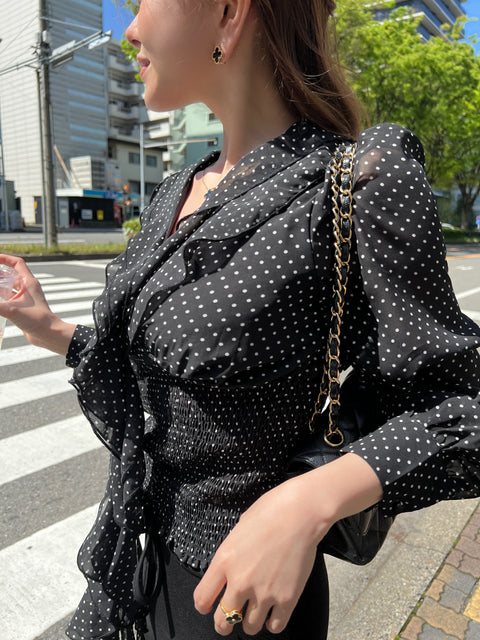 Frill Ribbon Dot Blouse／Black 送料無料(4月22日発送予定)