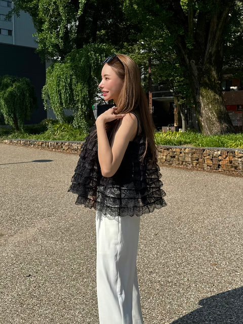 Fluffy tiered lace tops／Black(送料無料)