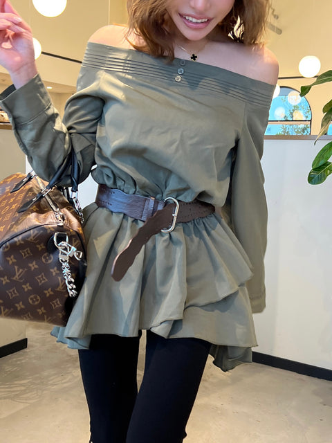 Belted Frill Off Shoulder Tunic／Brown･Whiteは9/21迄発送