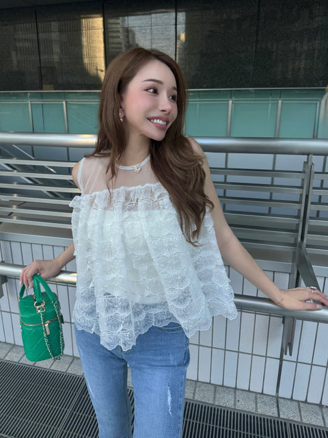 Fluffy tiered lace tops／White(送料無料)