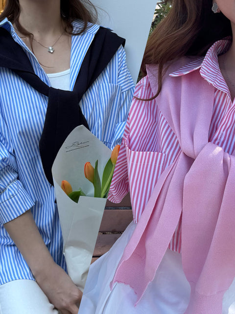 オーバーストライプシャツ(ショールset)/pink