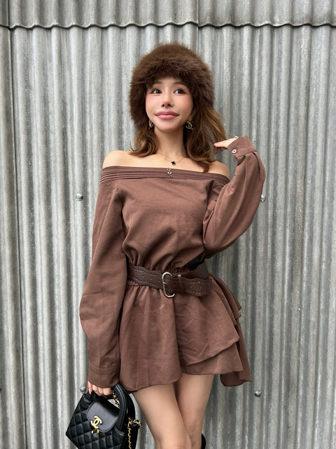 Belted Frill Off Shoulder Tunic／Brown･Whiteは9/21迄発送