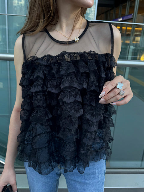 Fluffy tiered lace tops／Black(送料無料)