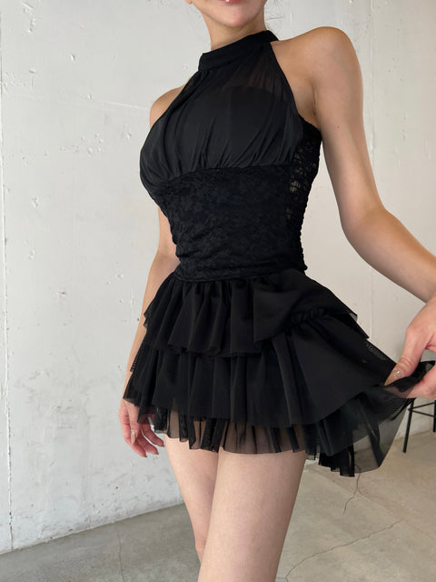 Lace Tiered Halter Mini Dress