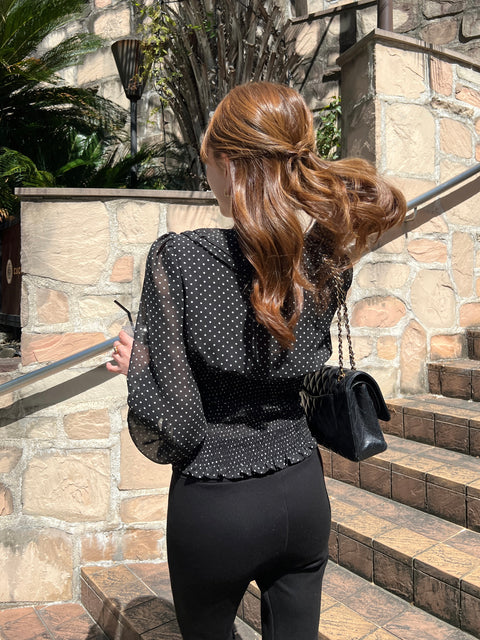 Frill Ribbon Dot Blouse／Black 送料無料(4月22日発送予定)