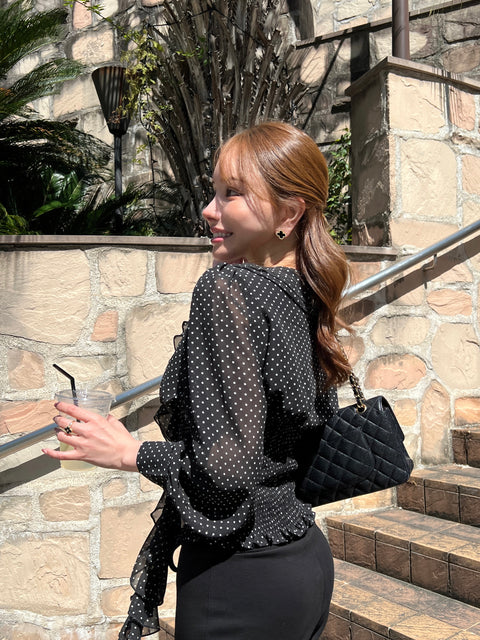 Frill Ribbon Dot Blouse／Black 送料無料(4月22日発送予定)