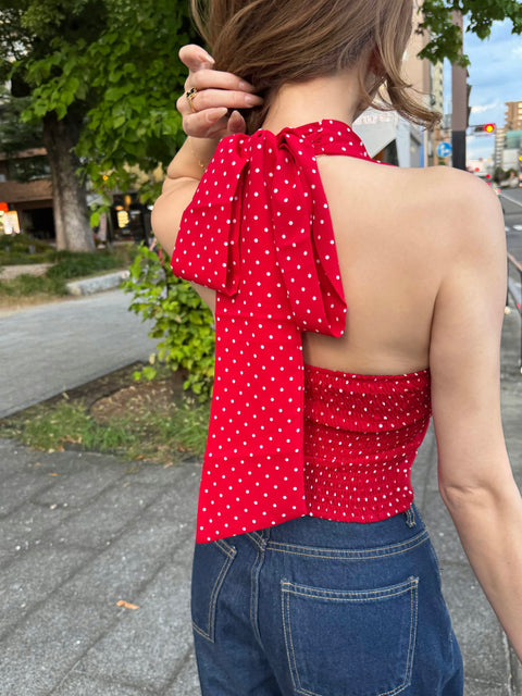Back Ribbon Dot Halter Top