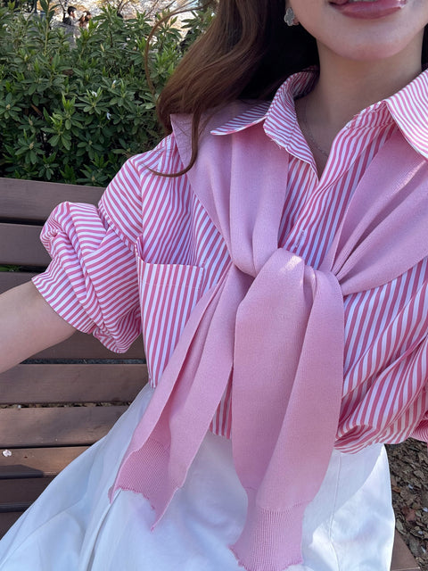オーバーストライプシャツ(ショールset)/pink