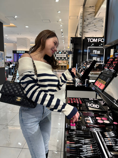 Off-Shoulder Stripe Knit Top／送料無料