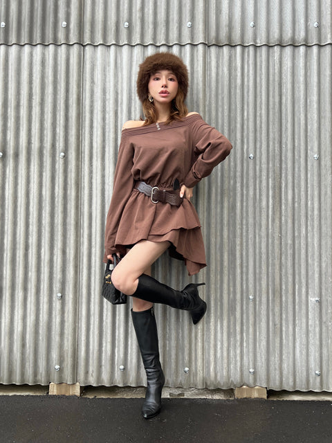 Belted Frill Off Shoulder Tunic／Brown･Whiteは9/21迄発送