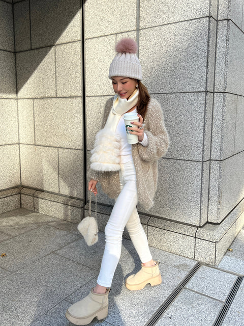 Fur Pom Knit Beanie／Brown・Off-White再入荷受付け