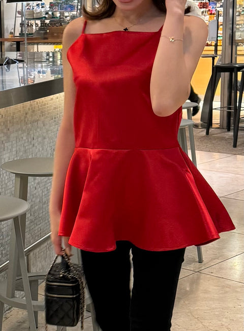 Satin flare peplum／red