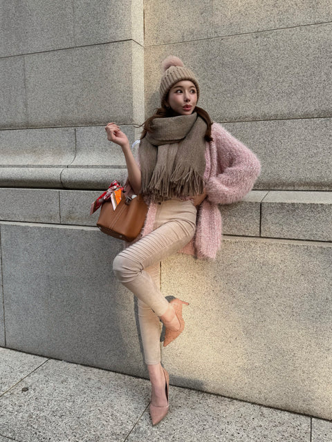 Fur Pom Knit Beanie／Brown・Off-White再入荷受付け