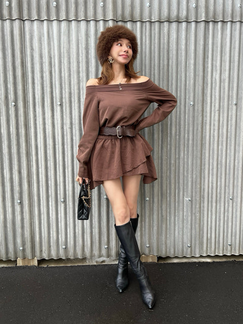 Belted Frill Off Shoulder Tunic／Brown･Whiteは9/21迄発送