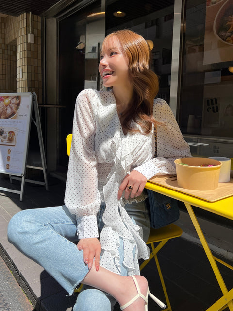 Frill Ribbon Dot Blouse／White 送料無料(4月22日発送予定)