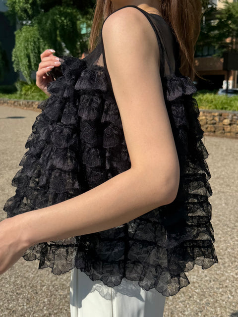 Fluffy tiered lace tops／Black(送料無料)