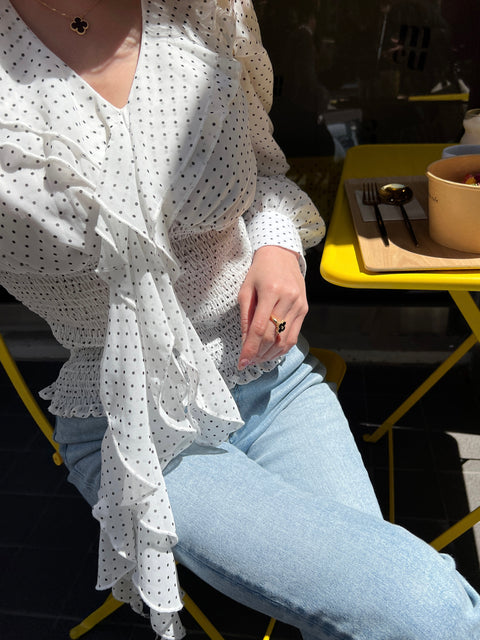 Frill Ribbon Dot Blouse／White 送料無料(4月22日発送予定)