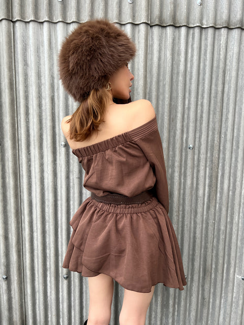 Belted Frill Off Shoulder Tunic／Brown･Whiteは9/21迄発送