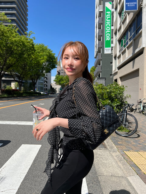 Frill Ribbon Dot Blouse／Black 送料無料(4月22日発送予定)